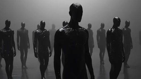 Multiple glossy humanoid figures stand in a dim foggy space