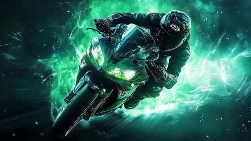Neon-lit superbike racer cuts through kinetic emerald energy field