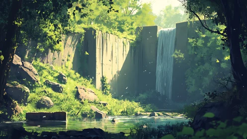 Columnar Basalt Waterfall Canyon Forest Illuminated Landscape