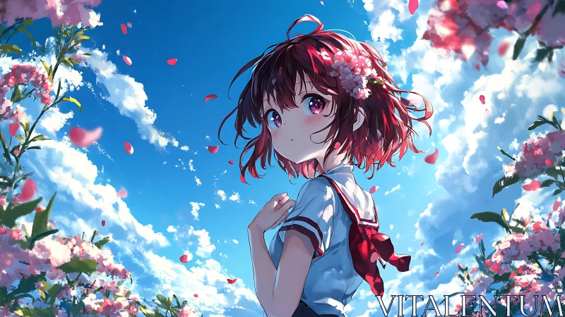 Anime schoolgirl pauses under spring blossoms and bright sky
