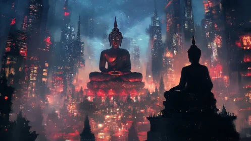 Colossal neon Buddha statues over dense cyberpunk megacity