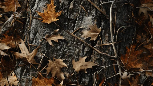 Whispering oak leaves drifting over rugged autumn bark.