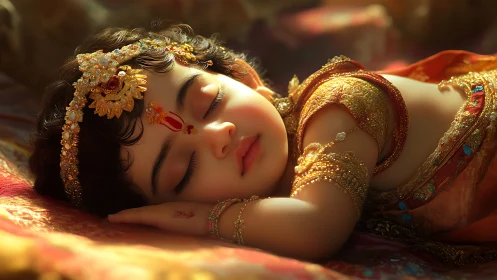 Sleeping baby in golden traditional dress dreams peacefully.