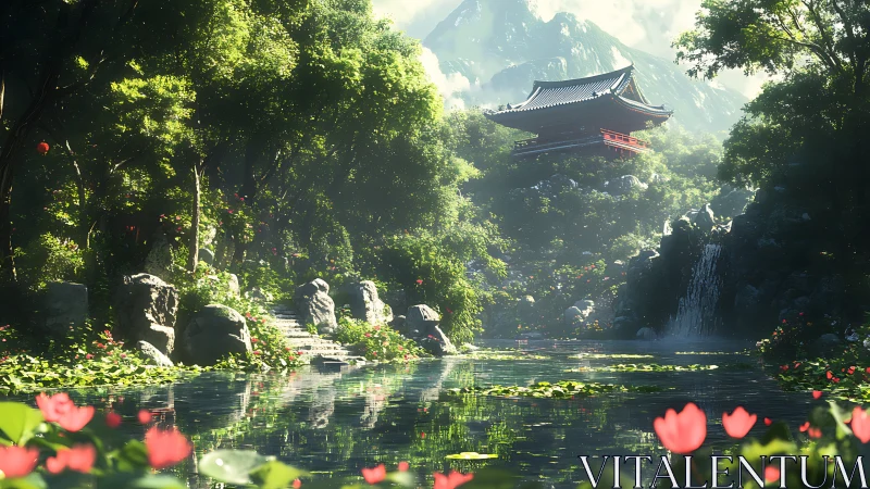 Luminous mountain garden with temple, waterfall and lotus pond.