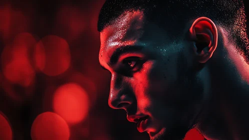 Intense red-lit portrait captures focused determination in sweat