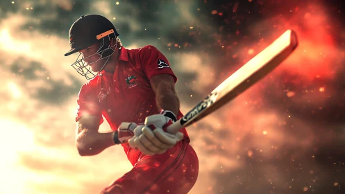 Cricket batter drives under fiery stadium lights in motion