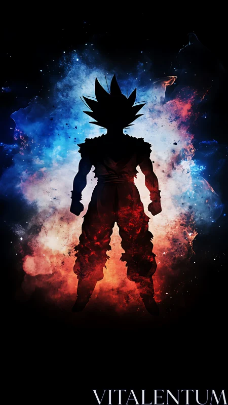 Silhouetted warrior in blue and red cosmic energy field.
