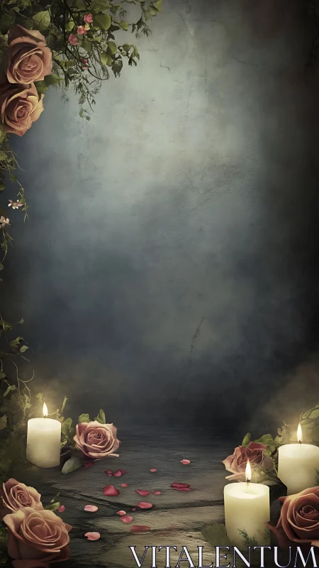 Rose Floral Arrangement with Lit Candles on Dark Surface