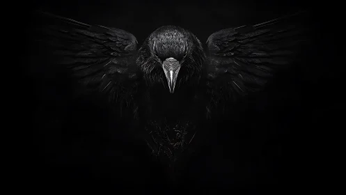 Symmetric raven portrait isolates iridescent plumage on black