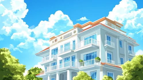 Sunlit low-rise apartment block with balconies under cumulus sky.