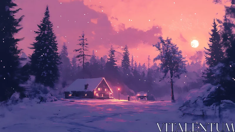 Snowy forest cabin at dusk with warm interior lighting glow