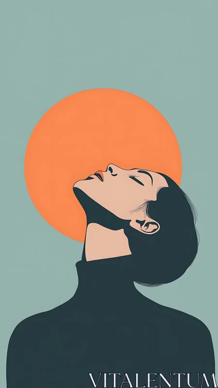 Woman in profile lifts face toward minimalist sun halo.