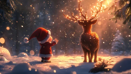 Small child meets glowing reindeer in snowy forest scene.