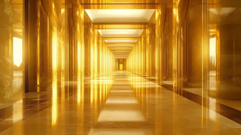 Golden Traversal: Luminous Corridor with Receding Perspective and Warm Chromatic Ambiance.