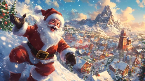Santa figure overlooking illuminated snow-covered village scene.