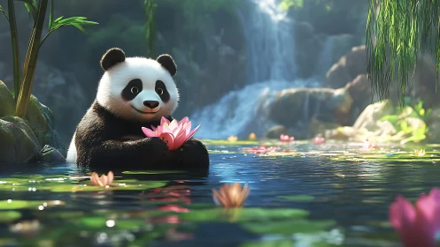 Cute panda cradles lotus blossom in sunlit waterfall pool