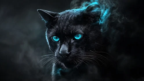 Digital painting of neon-eyed black cat in ethereal smoke.