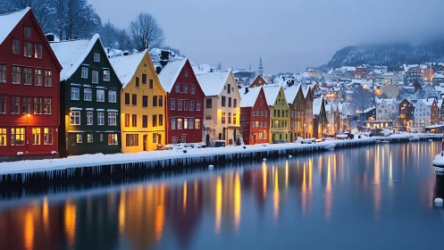 Colorful Nordic waterfront glows under soft winter twilight.
