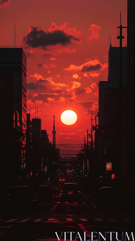 Crimson city sunset swallowing the road to the tower.