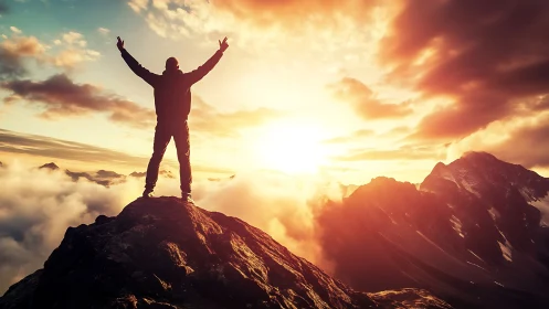 Sunlit mountain summit captures triumphant human silhouette.