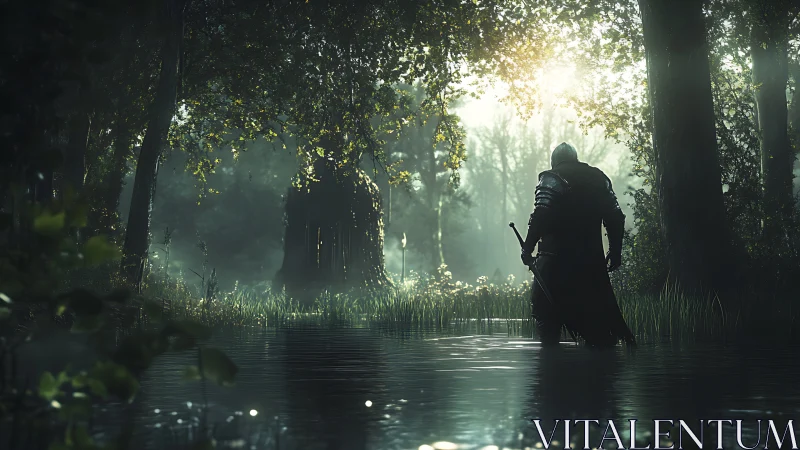 Armored warrior stands in shallow forest water at sunrise