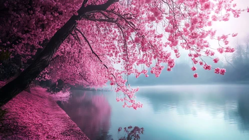 Dreamlike cherry blossom shore shimmers beside a misty lake