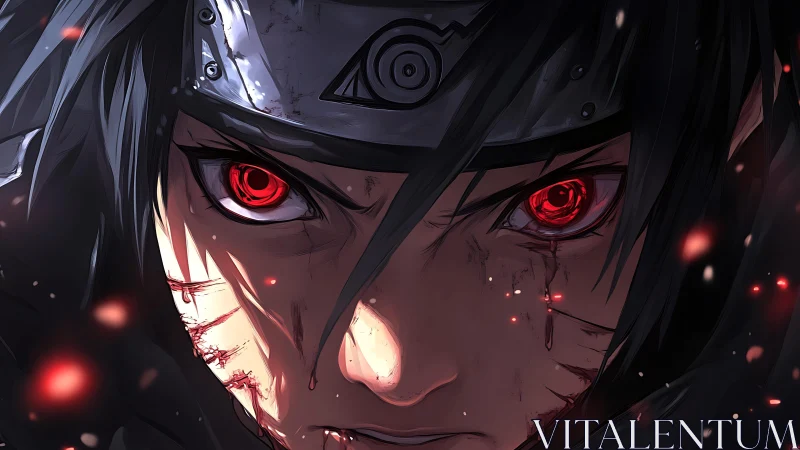 Intense red-eyed ninja close-up under battle-worn headband.