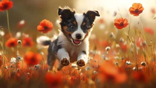 Small tricolor puppy runs through poppy field in soft light