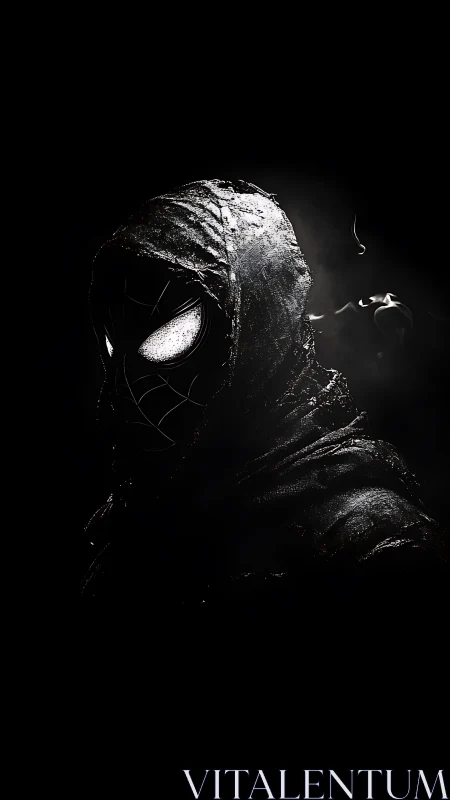 Hooded webbed vigilante in stark monochrome shadows.