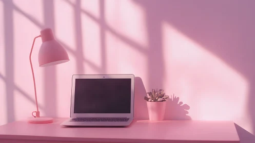 Minimalist pink workspace with laptop, desk lamp and succulent