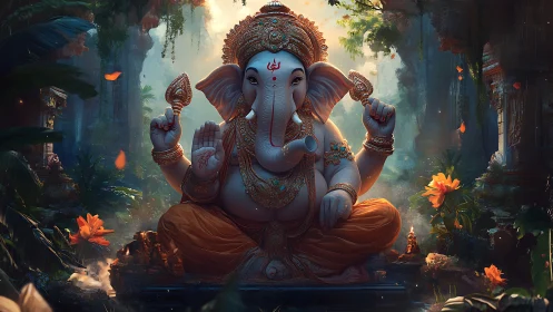 Divine elephant deity in lush temple ruins, cinematic lighting.
