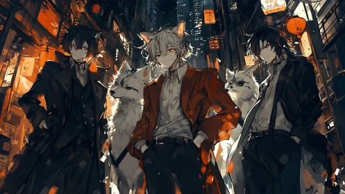 Fox-eared night syndicate strolls neon alleys with ghost hounds.