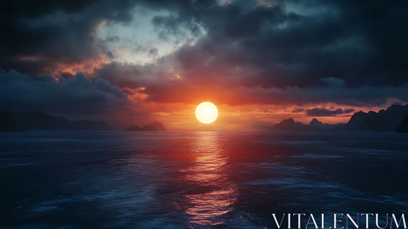 Solar disc over stormy ocean under cinematic dusk sky.