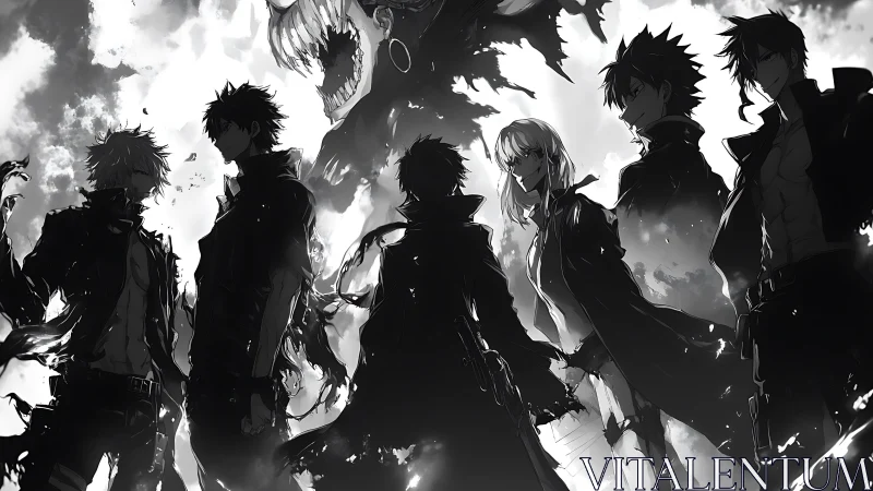 High-contrast monochrome anime squad confronts looming shadow beast