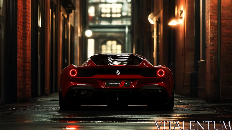 Scarlet supercar idles in moody brickwork alley glow.