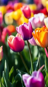 Vibrant Tulip Field with Pink, Purple, and Orange Blooms