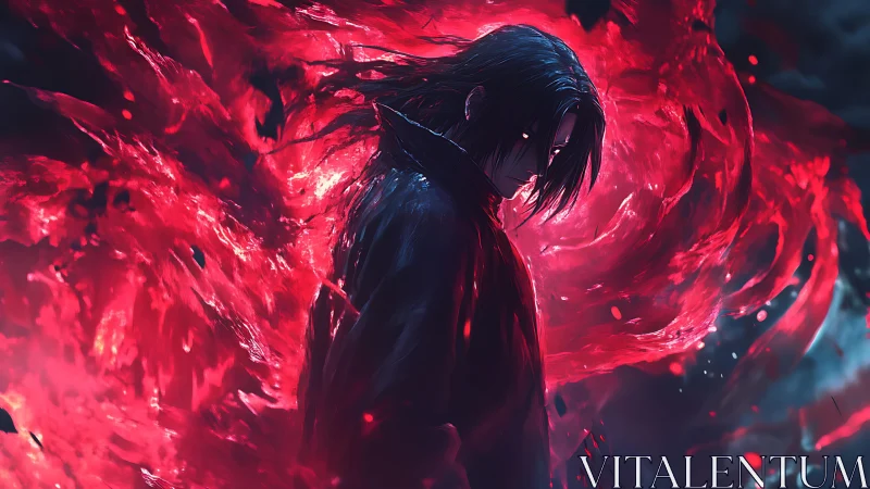 Dark anime sorcerer with swirling luminous red energy field