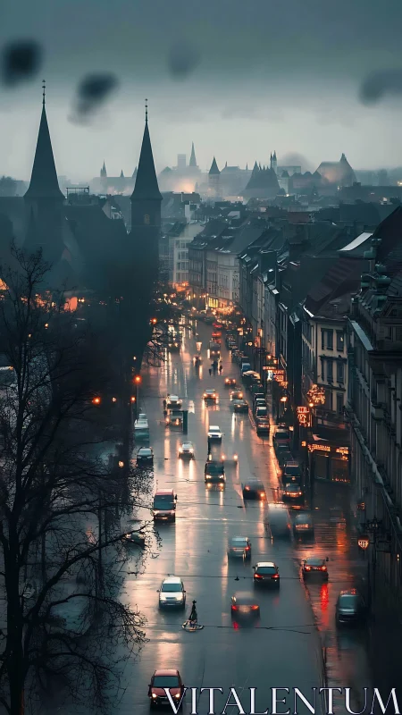Rain-soaked European avenue with glowing evening traffic.