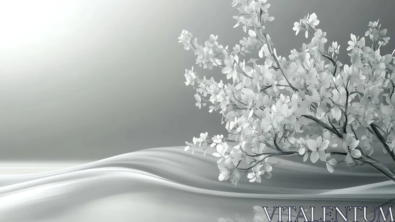 Porcelain blossoms drifting above silken silver waves.