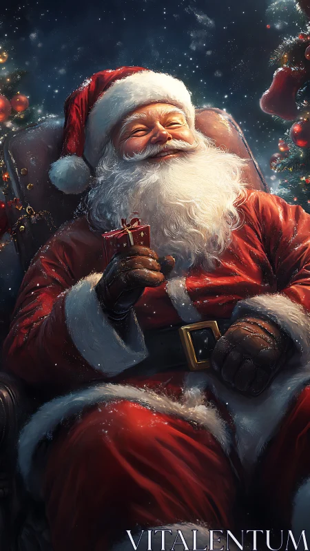 Santa figure seated in chair holding small wrapped present