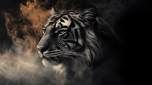 Cinematic tiger portrait in bicolor smoke on black background