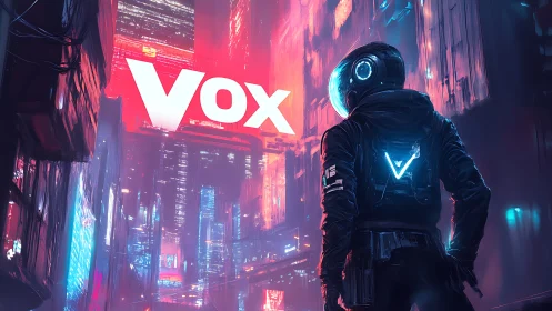 Neon-clad astronaut overlooking Vox logo in cyber cityscape.