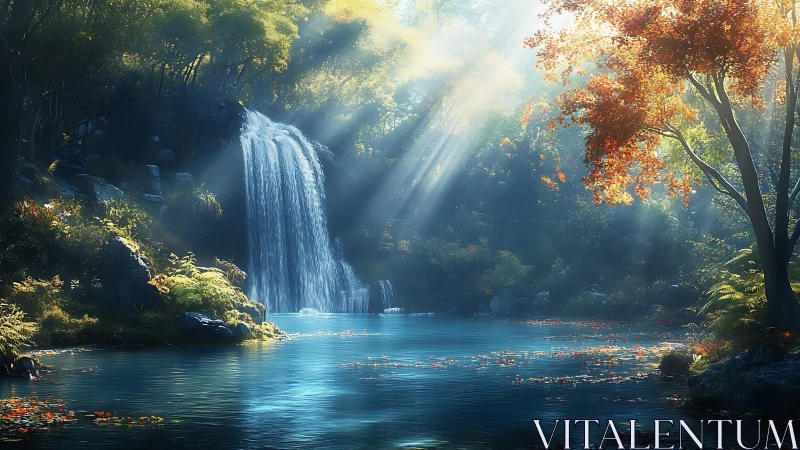 Waterfall, forest pool and sunlit foliage in soft morning light.