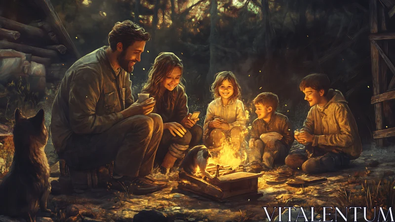 Rustic family campfire gathering in warm golden light.