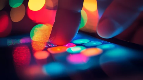 Macro interaction with capacitive touchscreen in neon bokeh field.