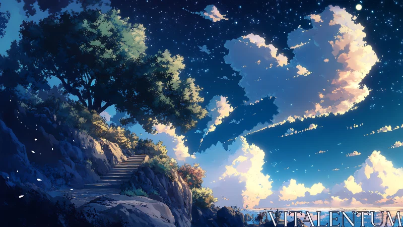 Starlit coastal path under luminous clouds at twilight.