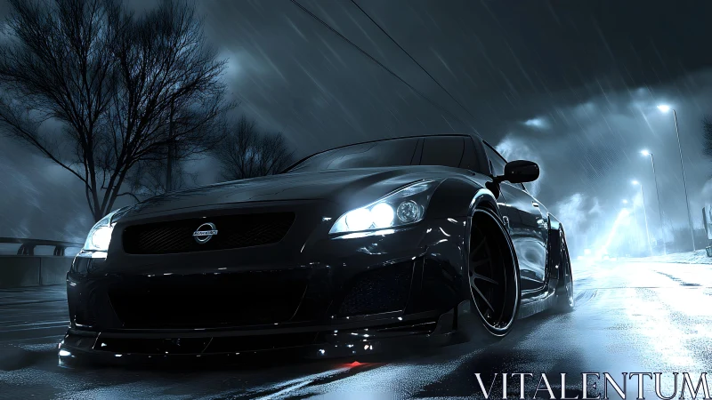 Sleek black Nissan sports car on wet city street at night, cinematic style. Sleek black Nissan sports car on wet city street at night, cinematic style.