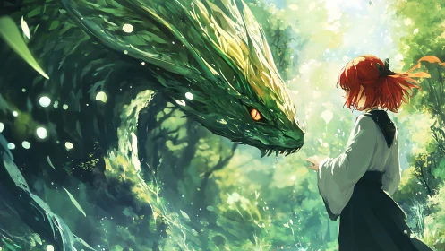 Human figure facing large green dragon in bright forest.