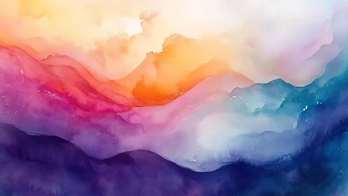 Gentle sunrise flowing across dreamy watercolor hills.
