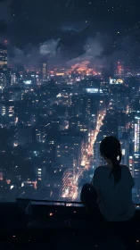 Rooftop dreamer watching neon rivers carve through night city.